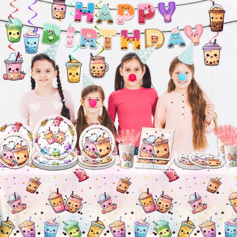 Dydamud Boba Tea Party Decorations,Bubble Tea Birthday Tableware Set Include Boba Tea Plate Napkins Cups Banner Tablecloth and Boba Tea Hanging Swirls for Boba Birthday Party Decorations - Image 3