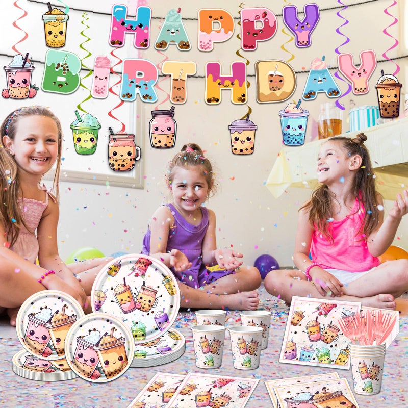 Dydamud Boba Tea Party Decorations,Bubble Tea Birthday Tableware Set Include Boba Tea Plate Napkins Cups Banner Tablecloth and Boba Tea Hanging Swirls for Boba Birthday Party Decorations - Image 2