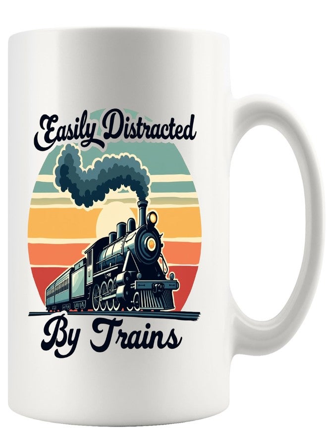 Panvola Easily Distracted by Trains Funny Train Lovers Gifts For Dad Mom Husband Brother Sister Wife Friend Coworker Ceramic Mug 11 oz White - Image 1