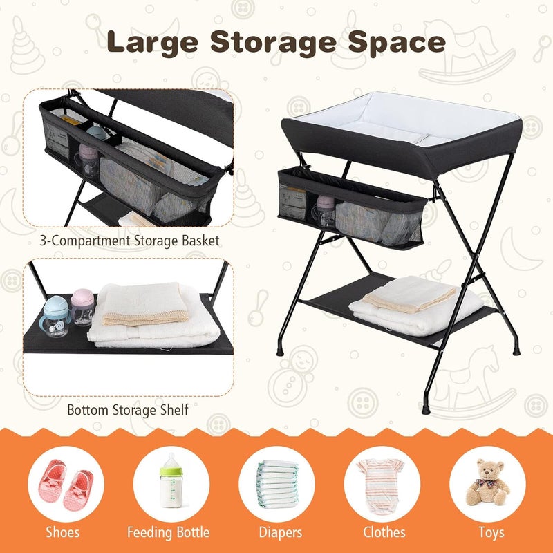 GLACER Baby Changing Table Portable Diaper Changing Station with Large Storage Basket  Shelf Waterproof Surface Non Slip Foot Covers Mobile Foldable Nursery Organizer for Infant Black - Image 4