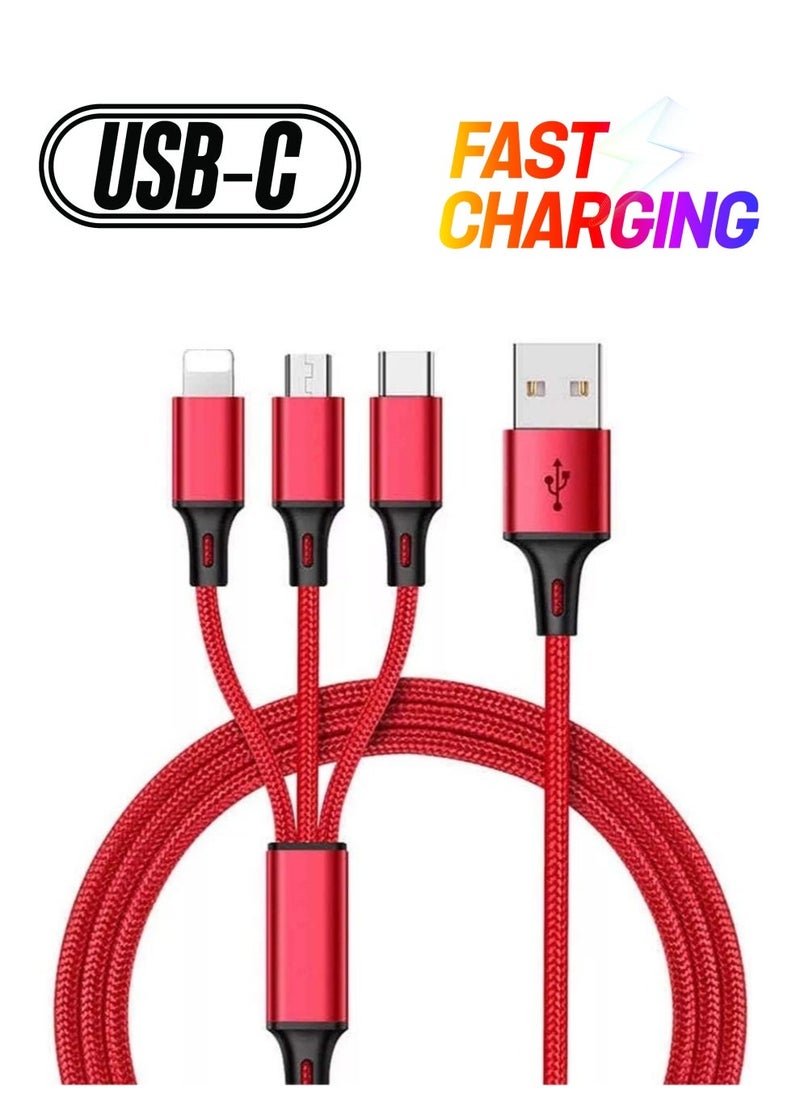 كابل شاحن متعدد USB، 3 في 1 كابل نايلون مضفر متعدد USB للشحن السريع موصلات متوافقة مع الهواتف المحمولة والأجهزة اللوحية استخدام عالمي - 4.1 قدم (1.25 متر) - أحمر - Image 1