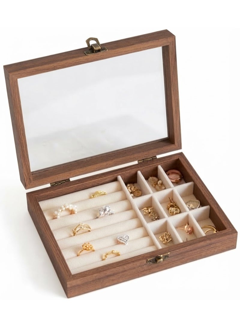 Wooden jewelry organizer box for rings, bracelets and brooches with glass lid - Image 1
