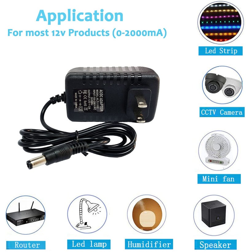 N.C 12 Volt 2A Power Adapter Supply, AC 100-240V to DC 12 V Power Supply Transformer Charger Wall Plug for DC12V Light Security CCTV Camera, Black, 8x5x3.3 cm - Image 5