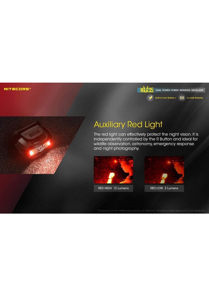 NITECORE - NITECORE NU35 Rechargeable LED Head Torch - Dual Power Source - 460 Lumens - Red Light, Built-in 590mAh Li-ion battery and compatible with 3 x AAA batteries (Black) - Image 1