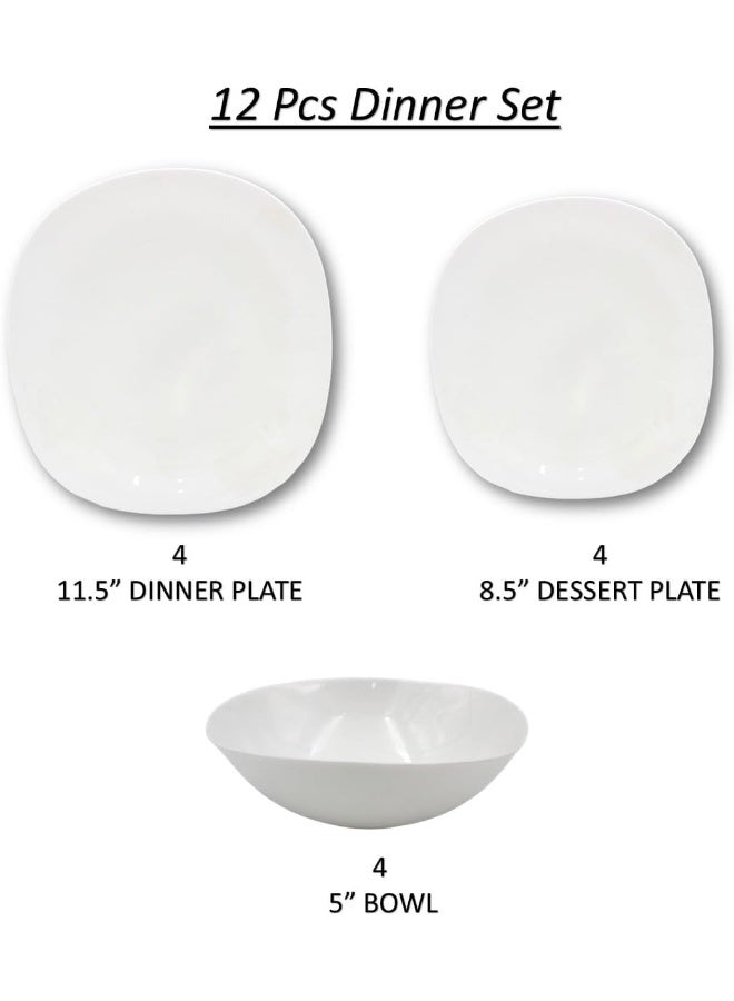 12-Piece Opalware Dinner Set With 4X 29 Cm Dinner Plate, 4X 22 Cm Desert Plate, 4 X 13 Cm Bowl, Serves 4, White