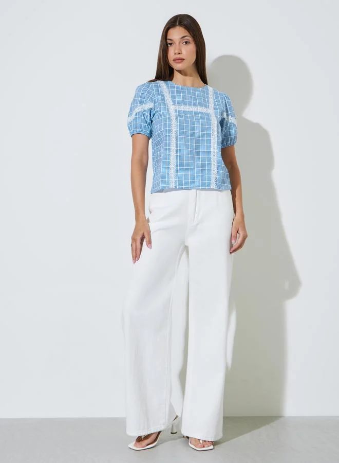 Styli Blue Checked Puff Sleeve Blouse with Lace Trim