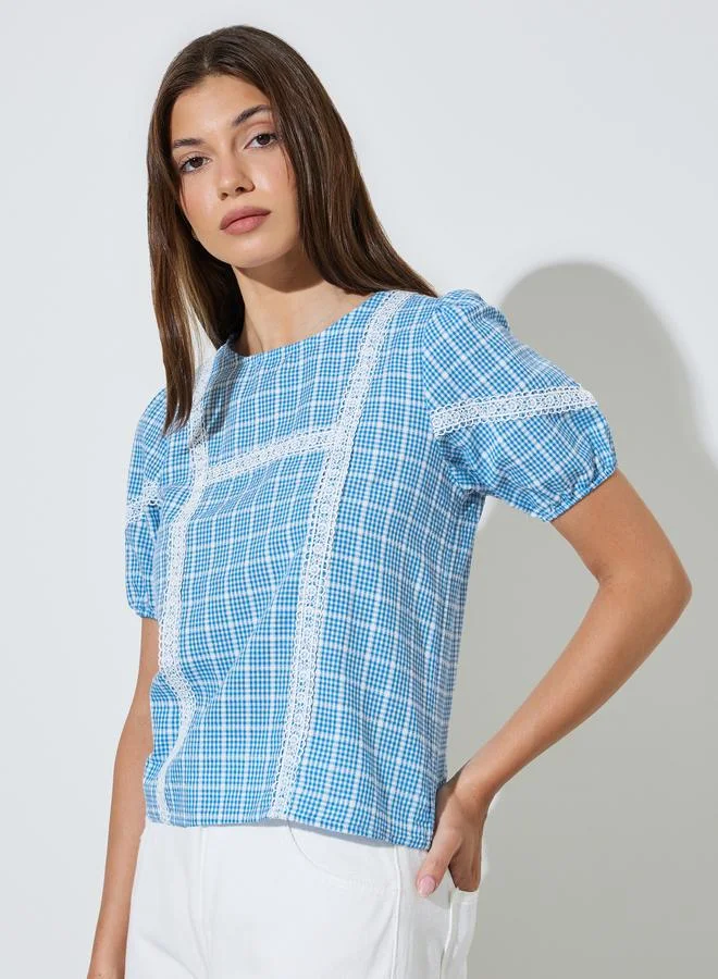 Styli Blue Checked Puff Sleeve Blouse with Lace Trim