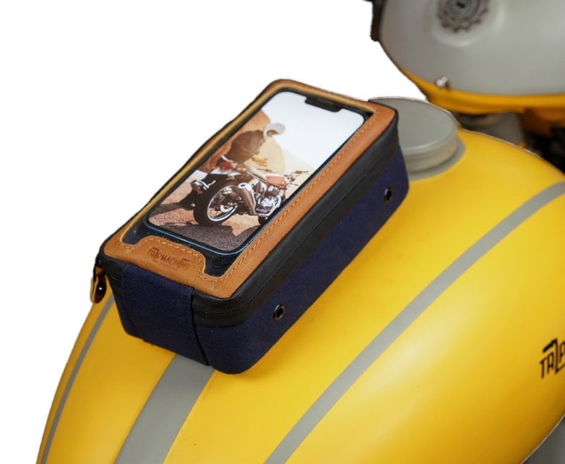 Trip Machine Company Navigator Magnetic Motorcycle Tank Pouch with Touch-Friendly Phone Holder | Anti Slip Maps Navigation Pouch Compatible with Royal Enfield, Honda, Bajaj, TVS, Jawa, Triumph - Blue & Tan - Image 1
