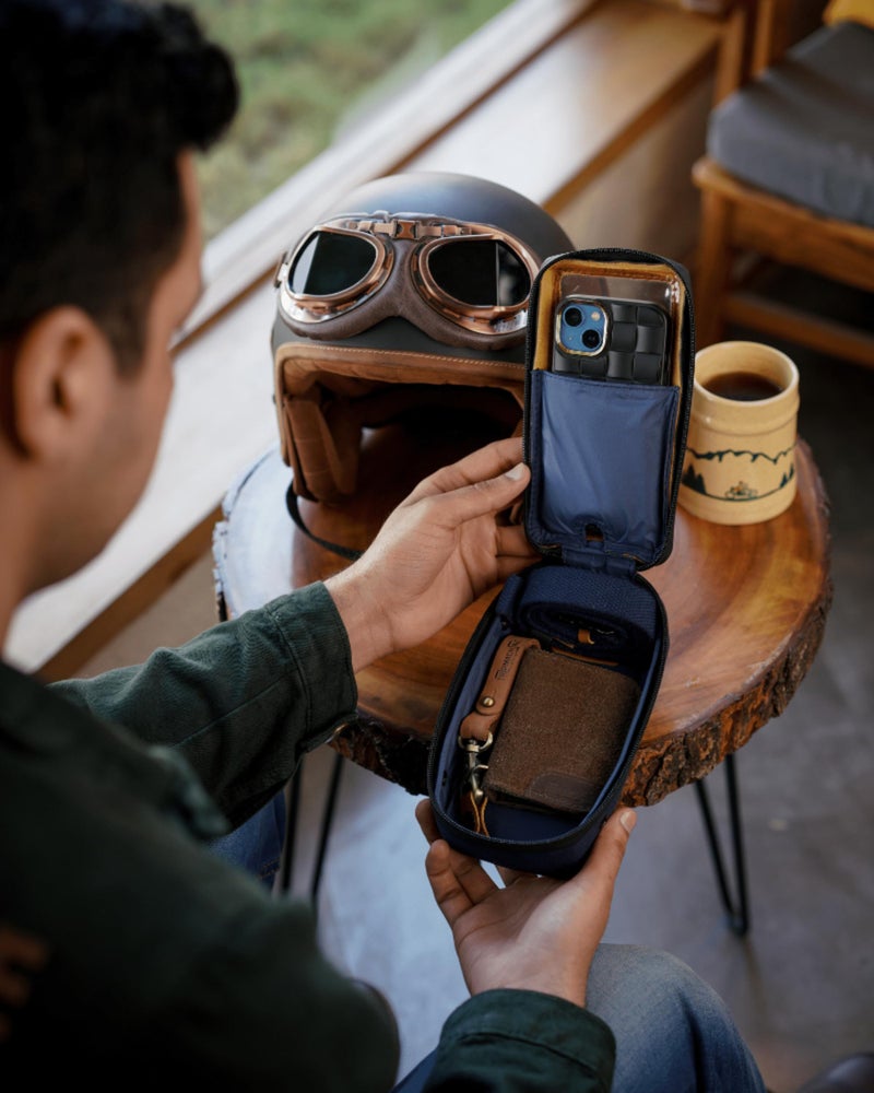 Trip Machine Company Navigator Magnetic Motorcycle Tank Pouch with Touch-Friendly Phone Holder | Anti Slip Maps Navigation Pouch Compatible with Royal Enfield, Honda, Bajaj, TVS, Jawa, Triumph - Blue & Tan - Image 3