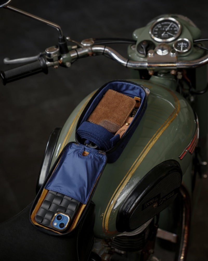 Trip Machine Company Navigator Magnetic Motorcycle Tank Pouch with Touch-Friendly Phone Holder | Anti Slip Maps Navigation Pouch Compatible with Royal Enfield, Honda, Bajaj, TVS, Jawa, Triumph - Blue & Tan - Image 2