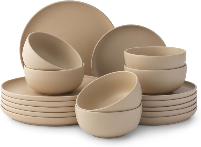 JoyJolt JoyJolt Mesa Stoneware Dinnerware Set 18Piece Plates and Bowls Sets Includes Dinner Plates Salad Plates and Cereal and Soup Bowls Modern Farmhouse Matte Beige Dish Set for 6  - Image 1