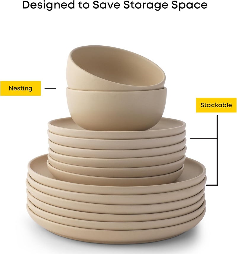 JoyJolt JoyJolt Mesa Stoneware Dinnerware Set 18Piece Plates and Bowls Sets Includes Dinner Plates Salad Plates and Cereal and Soup Bowls Modern Farmhouse Matte Beige Dish Set for 6  - Image 2