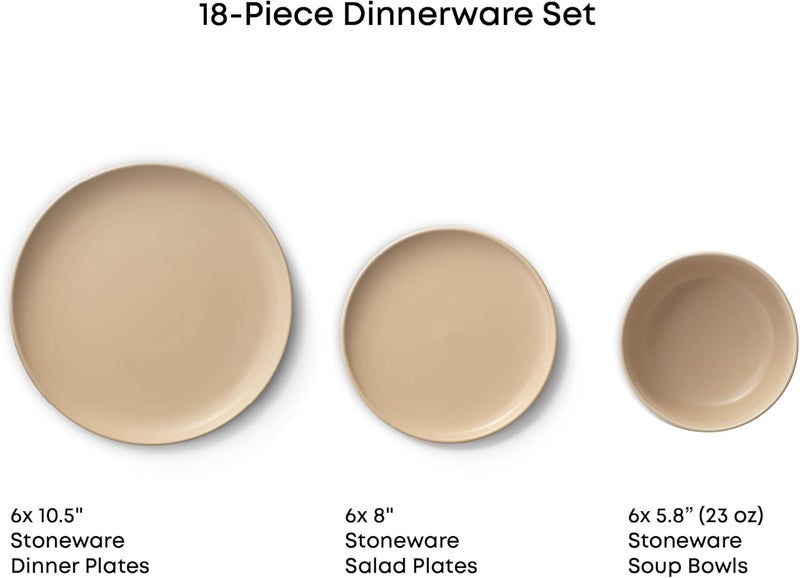 JoyJolt JoyJolt Mesa Stoneware Dinnerware Set 18Piece Plates and Bowls Sets Includes Dinner Plates Salad Plates and Cereal and Soup Bowls Modern Farmhouse Matte Beige Dish Set for 6  - Image 3