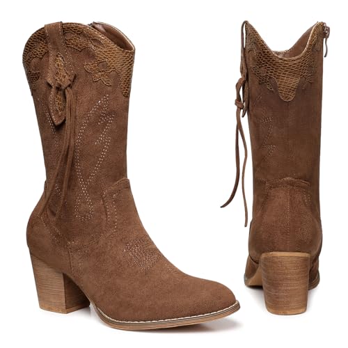 SHIBEVER Cowboy Cowgirl Boots for Women 2025: Brown Western Mid Calf Booties Country High Heel Suede Zipper Boots Size 8 - Image 5