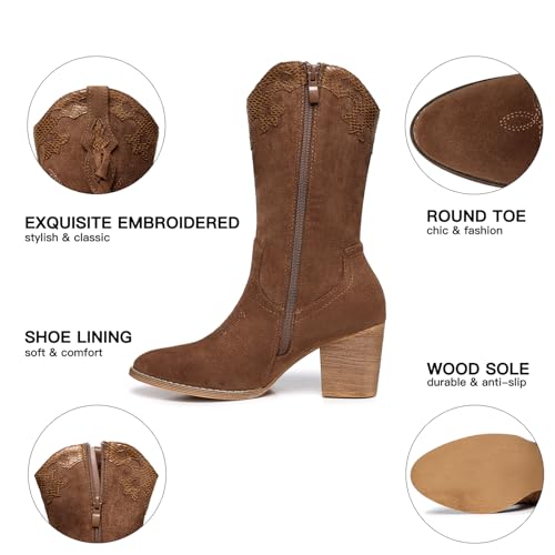 SHIBEVER Cowboy Cowgirl Boots for Women 2025: Brown Western Mid Calf Booties Country High Heel Suede Zipper Boots Size 8 - Image 4