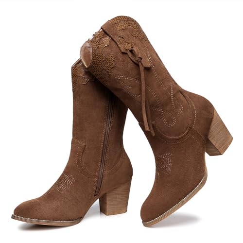 SHIBEVER Cowboy Cowgirl Boots for Women 2025: Brown Western Mid Calf Booties Country High Heel Suede Zipper Boots Size 8 - Image 1