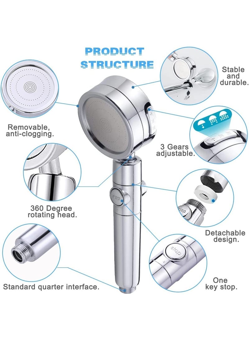 Handheld Shower Head, 3 Spray Modes High Pressure Shower Head and 2m Hose Set, Powerful Shower Heads to Increase Pressure, Water Saving Showerhead with 360° Degrees Rotating/Stop Button, Chrome - Image 2