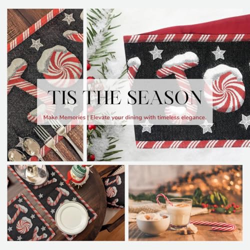 DaDa Bedding Starry Peppermint Joy Tapestry Table Runner - Festive Black Red Christmas Holiday Candy Cane Sweets - Cotton Linen Woven Kitchen Dining Mats - 13" x 90" (12904) - Image 2