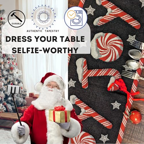 DaDa Bedding Starry Peppermint Joy Tapestry Table Runner - Festive Black Red Christmas Holiday Candy Cane Sweets - Cotton Linen Woven Kitchen Dining Mats - 13" x 90" (12904) - Image 3