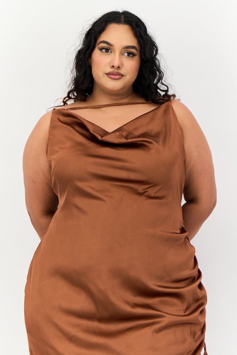 PUBLIC DESIRE Women Plain Midi Plus Size Party Dress, Brown  - Image 3