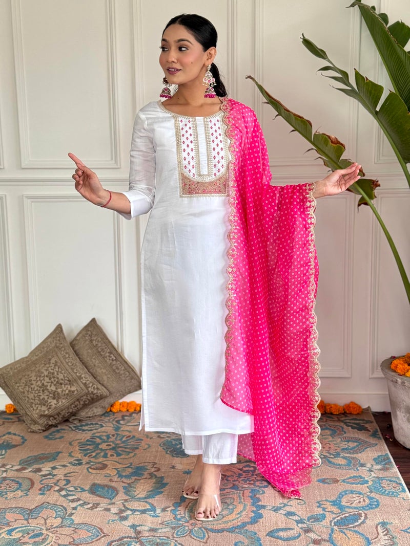 Naixa Women's White Viscose Rayon Embroidered Straight Kurta with Viscose Rayon Pant and Silk Printed Dupatta Sets (NX-594-White-M) - Image 2