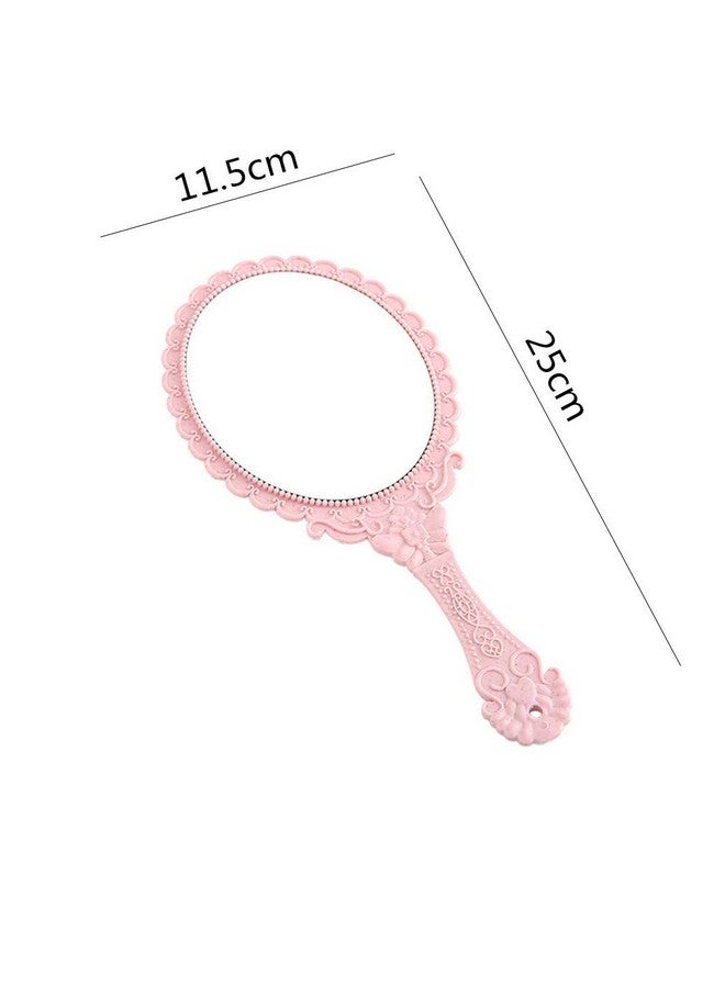 Dzrige Handheld Mirror Vintage Pattern Handle Makeup Mirror Hand Held Travel Mirror Personal Cosmetic Mirror With Powder Puff (Pink) - Image 2