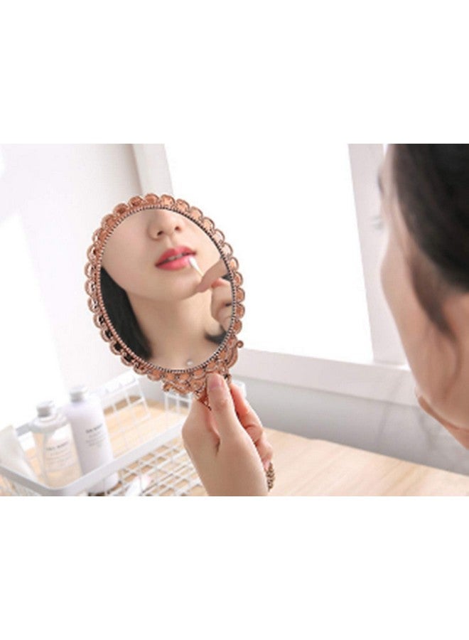 Dzrige Handheld Mirror Vintage Pattern Handle Makeup Mirror Hand Held Travel Mirror Personal Cosmetic Mirror With Powder Puff (Pink) - Image 4