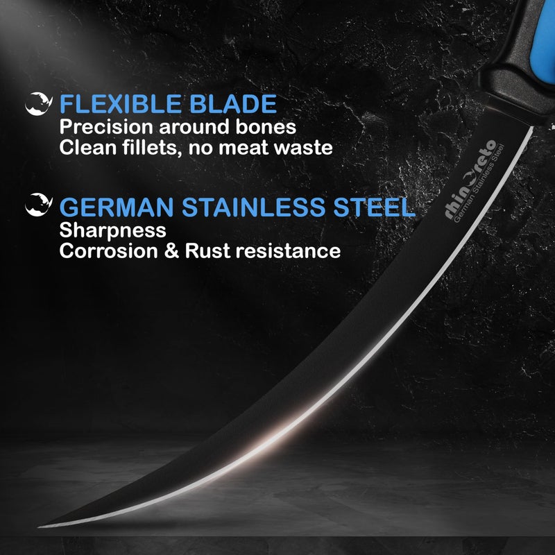 Rhinoreto Fillet Knife for Fish, Razor Sharp Flexible German Stainless Steel Blade 5-9 inch, Professional Knives for Filleting and Boning, with Non-Slip Handle, Protective Sheath and Sharpener set - Image 2