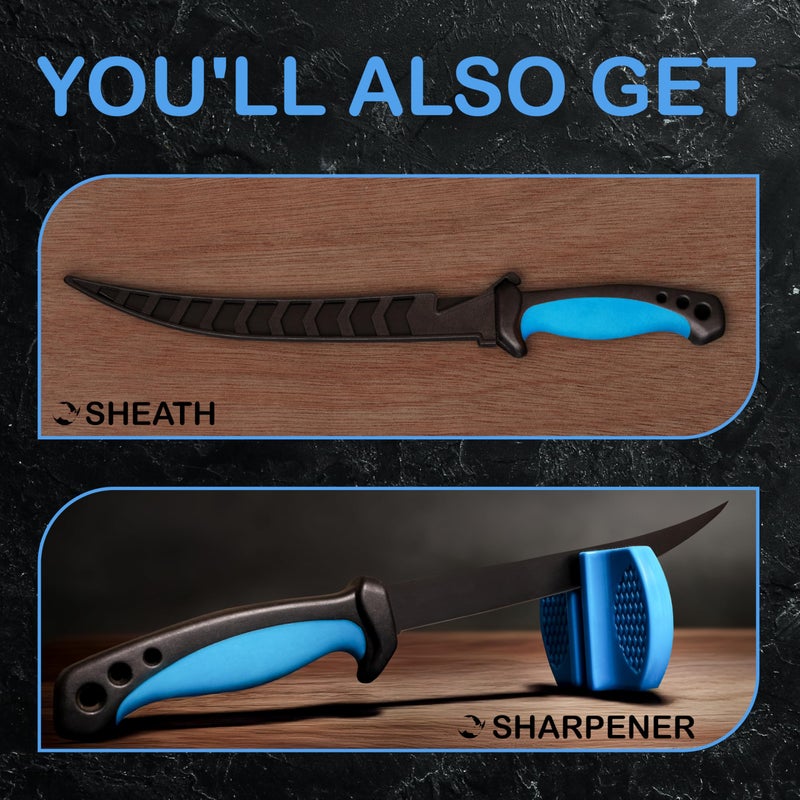 Rhinoreto Fillet Knife for Fish, Razor Sharp Flexible German Stainless Steel Blade 5-9 inch, Professional Knives for Filleting and Boning, with Non-Slip Handle, Protective Sheath and Sharpener set - Image 3