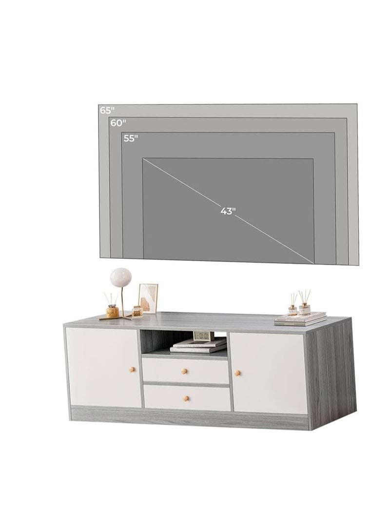 55 Inch TV Stand with Cabinets and Drawers, Morandi Grey Television Stand Table, Living Room Bedroom TV Television Desk, Entertainment Multimedia Centers, Home Office Storage Funiture (DSG017-140cm-4Doors)