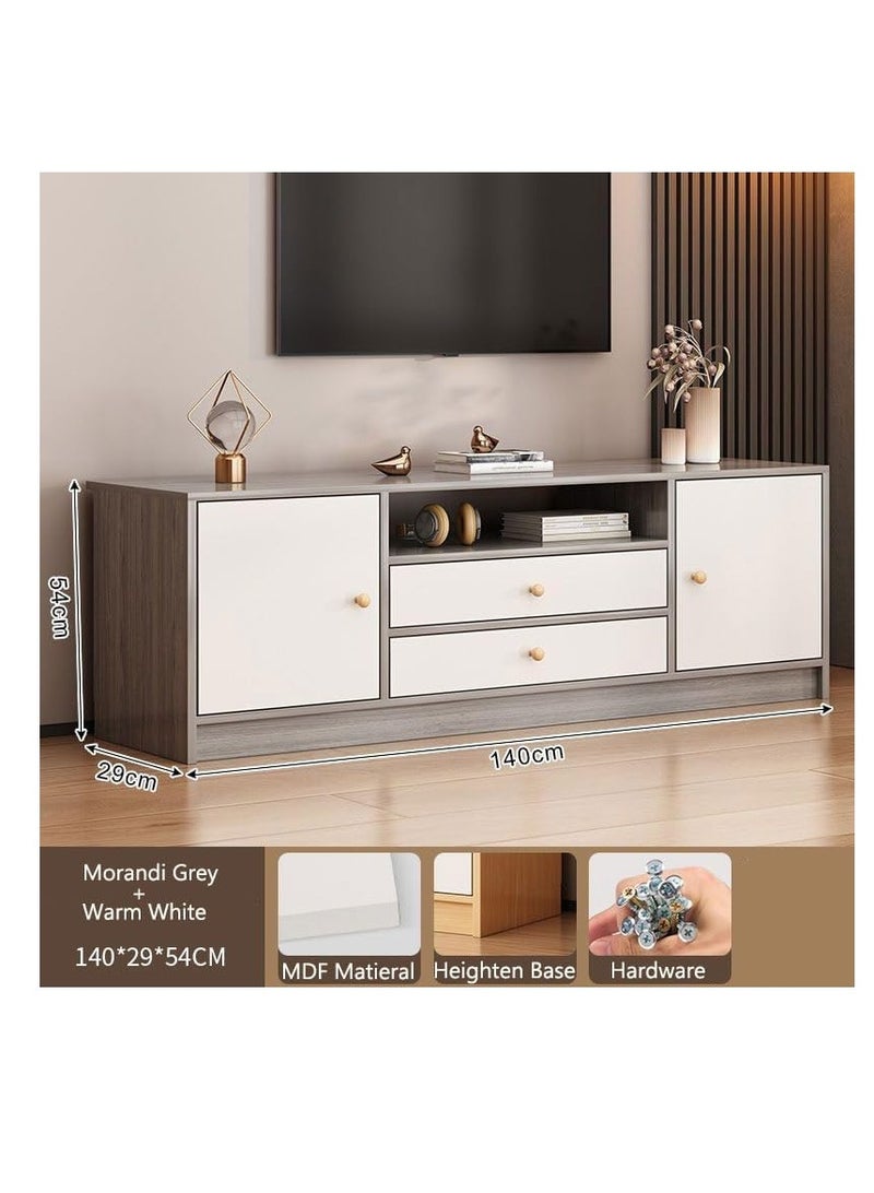 55 Inch TV Stand with Cabinets and Drawers, Morandi Grey Television Stand Table, Living Room Bedroom TV Television Desk, Entertainment Multimedia Centers, Home Office Storage Funiture (DSG017-140cm-4Doors)