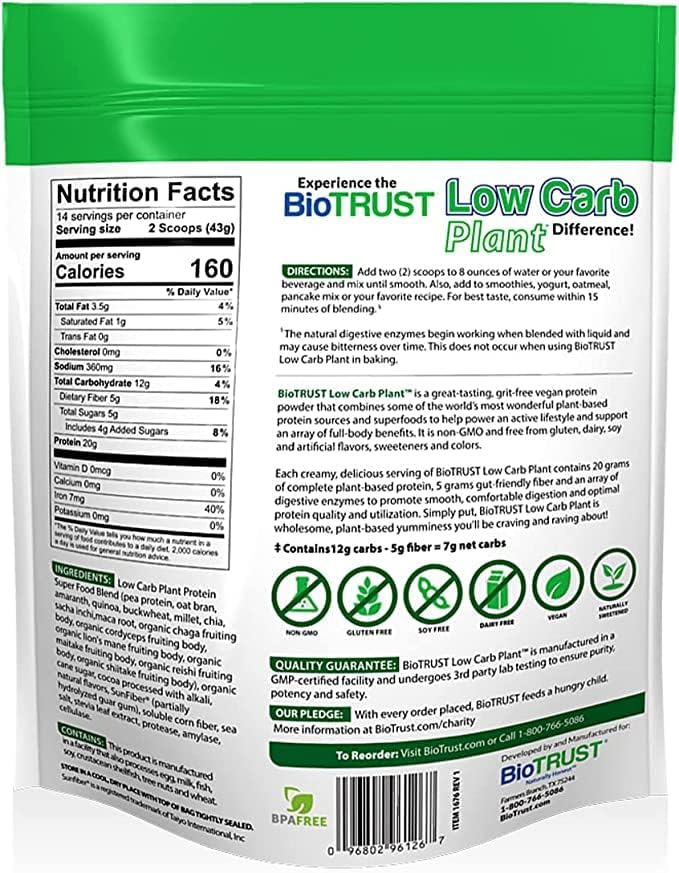 BioTrust Low Carb Plant Delicious Creamy 20 Grams of Clean Complete PlantBased Protein 5 Grams Fiber 15 Superfoods Digestive Enzymes Vegan DairyFree  14 Servings Chocolate - Image 2