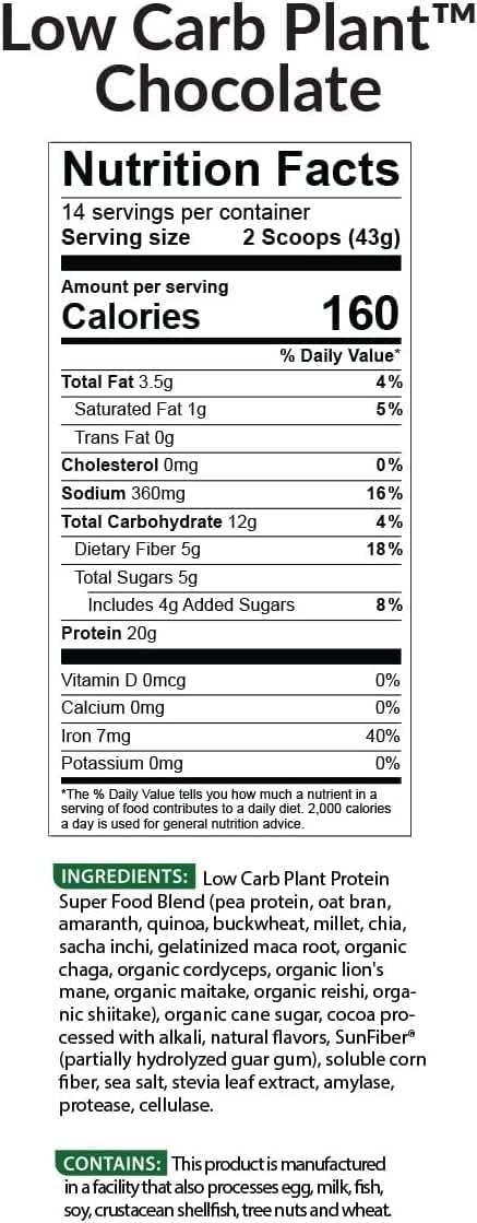 BioTrust Low Carb Plant Delicious Creamy 20 Grams of Clean Complete PlantBased Protein 5 Grams Fiber 15 Superfoods Digestive Enzymes Vegan DairyFree  14 Servings Chocolate - Image 3