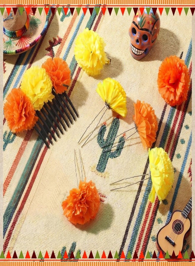 Syhood 7 Pcs Mexican Flower Hair Clips for Women Floral Hair Accessories Headpiece Marigold Flowers for Dia De Los Muertos Cinco De Mayo Decorations for Women(Orange and Yellow) - Image 5