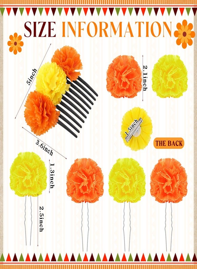 Syhood 7 Pcs Mexican Flower Hair Clips for Women Floral Hair Accessories Headpiece Marigold Flowers for Dia De Los Muertos Cinco De Mayo Decorations for Women(Orange and Yellow) - Image 2