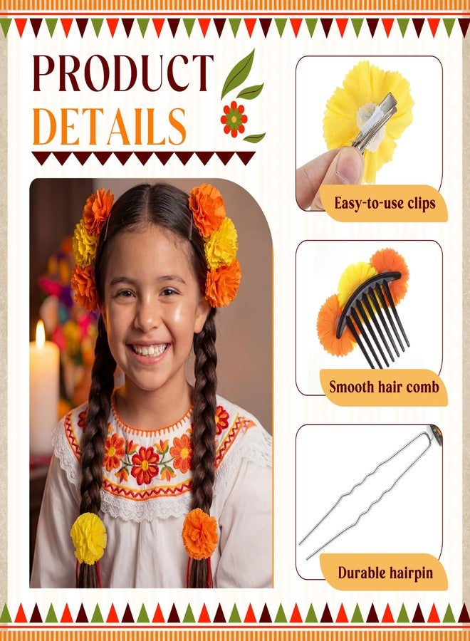 Syhood 7 Pcs Mexican Flower Hair Clips for Women Floral Hair Accessories Headpiece Marigold Flowers for Dia De Los Muertos Cinco De Mayo Decorations for Women(Orange and Yellow) - Image 3