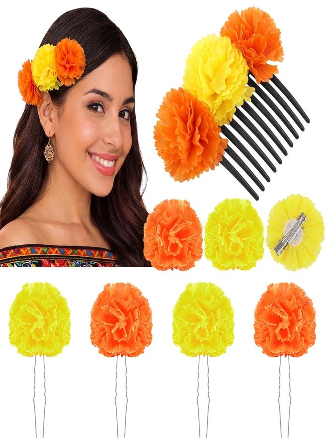Syhood 7 Pcs Mexican Flower Hair Clips for Women Floral Hair Accessories Headpiece Marigold Flowers for Dia De Los Muertos Cinco De Mayo Decorations for Women(Orange and Yellow) - Image 1