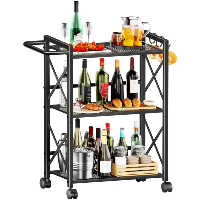 Simple Trending Rolling Cart 3 Tier Bar Cart with Wheels Heavy Duty Metal Storage Dining Cart for Kitchen Black
