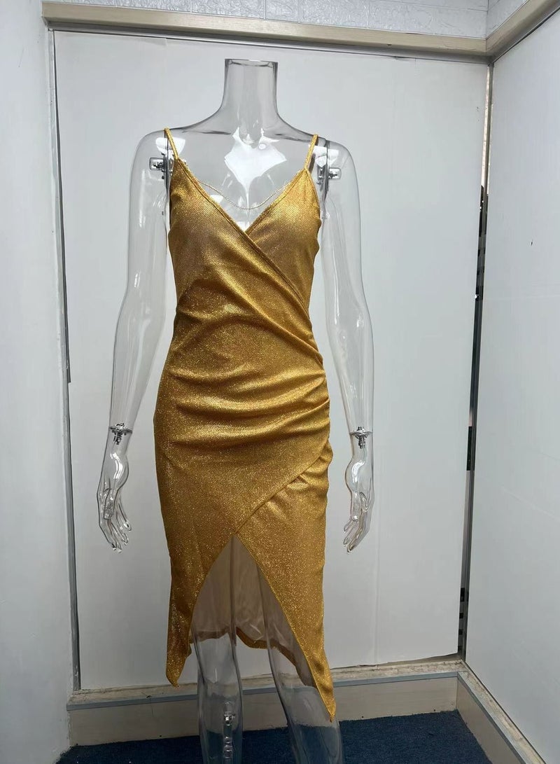 Loquat New Fashion High Slit Deep V-neck Suspender Dress  - Image 1