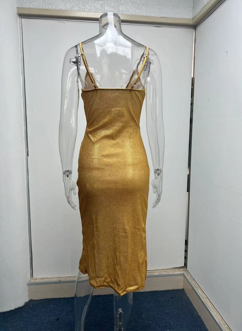 Loquat New Fashion High Slit Deep V-neck Suspender Dress  - Image 3