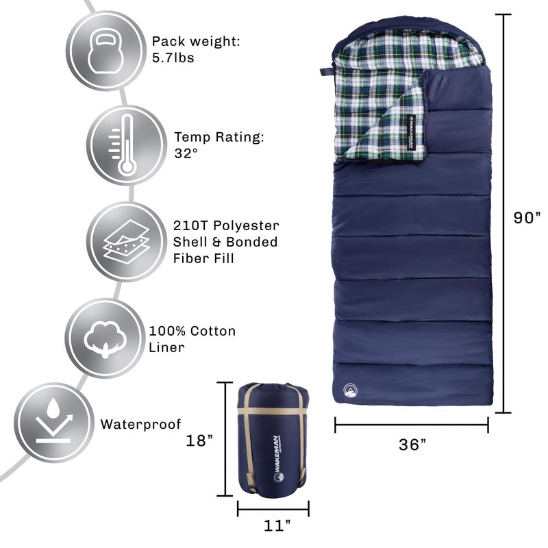 Wakeman Sleeping Bag - Lightweight Envelope-Style 32F Rated Outdoor Sleeping Bag with Hood and Carry Case for Backpacking, Camping and Hiking by Wakeman (Navy) - Image 2