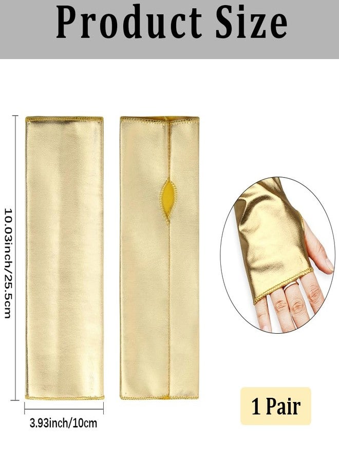 CALFOVERA Stretchy Gold PU Leather Half Palm Arm Sleeves Shiny Metallic Fingerless Gloves Short Rock Stage Gloves Gothic Punk Dress Up Arm Warmer for Women Girls Halloween Costume Party Cosplay - Image 2