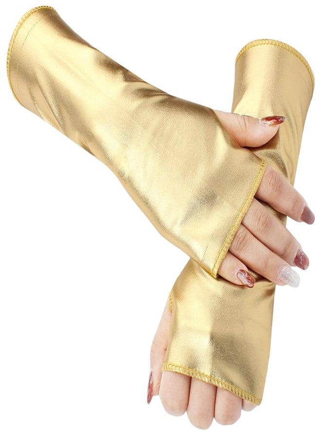 CALFOVERA Stretchy Gold PU Leather Half Palm Arm Sleeves Shiny Metallic Fingerless Gloves Short Rock Stage Gloves Gothic Punk Dress Up Arm Warmer for Women Girls Halloween Costume Party Cosplay - Image 1