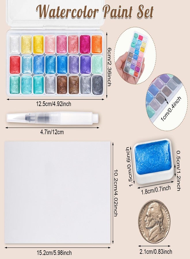 Prudiut Mini Metallic Watercolor Paint Set, 24 Colors Glitter Watercolor Paint with Watercolor Paper, Brushes, Ideal for Adults Kids Beginners Artists - Image 2