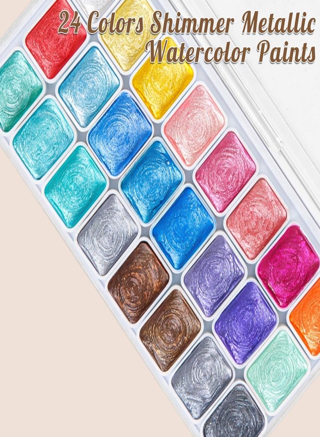Prudiut Mini Metallic Watercolor Paint Set, 24 Colors Glitter Watercolor Paint with Watercolor Paper, Brushes, Ideal for Adults Kids Beginners Artists - Image 3