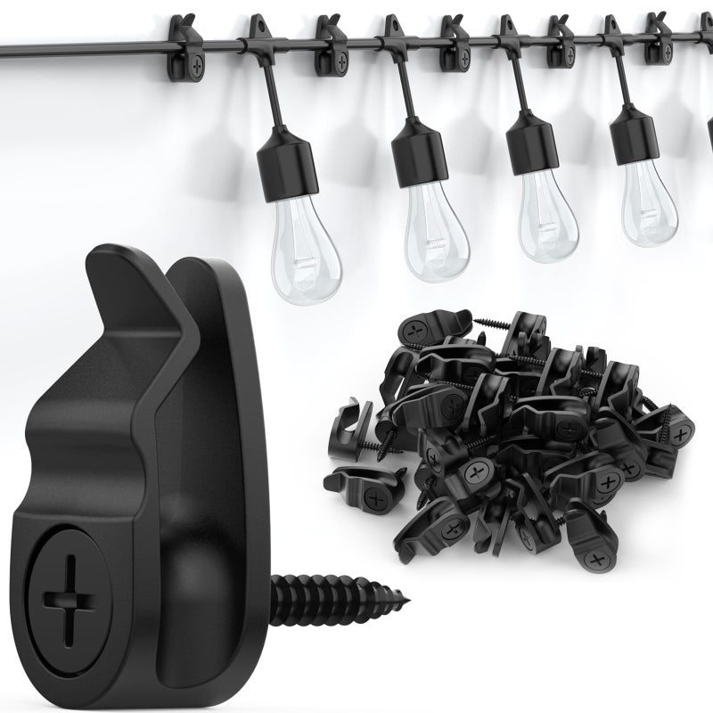 Lewufe Outdoor String Lights Clips, Weatherproof Cable Hanger Hooks for Hanging Fairy Lights, Holiday Decor - Black, 50 Pack - Image 1
