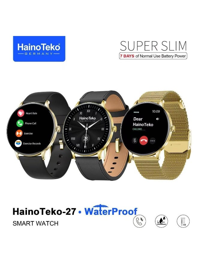 Haino Teko HainoTeko-27 Super Slim Waterproof Design Smart Watch With AMOLED Amoled Display Bluetooth Calling and 3 Pair Straps Designed for Ladies and Gents Gold