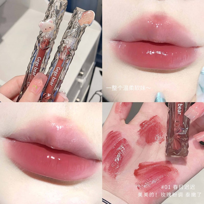 Gege Bear Gogo Bear Lens Diamond Mirror Lip Glaze Water Light Moisturizing Non-Stick Cup Plain Face White Lipstick - Image 1