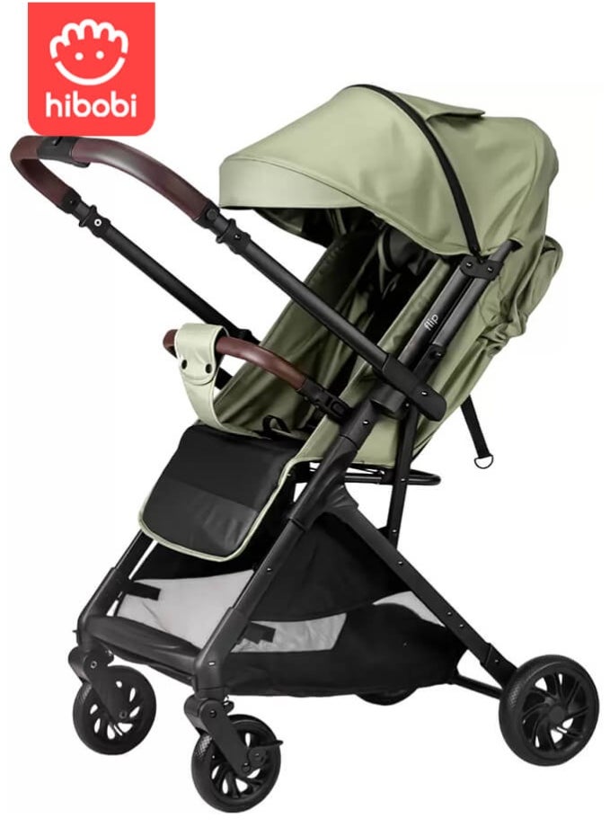 hibobi Baby Stroller, Reversible Handle, Full Recline Seat, 5-Point Harness, Adjustable Footrest & Canopy, Compact Fold Design, Lightweight Stroller for 0-3 Years, Green  - Image 1