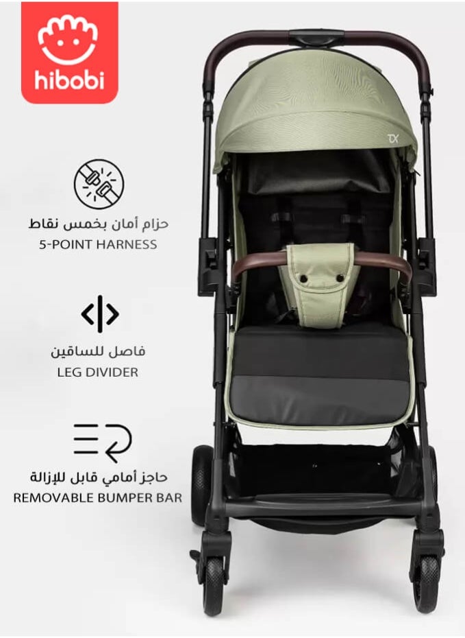 hibobi Baby Stroller, Reversible Handle, Full Recline Seat, 5-Point Harness, Adjustable Footrest & Canopy, Compact Fold Design, Lightweight Stroller for 0-3 Years, Green  - Image 5
